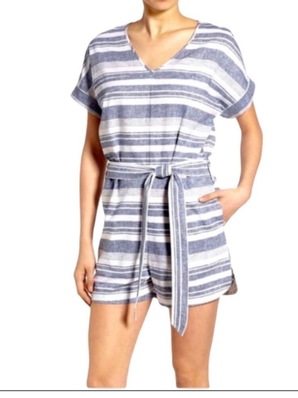 Madewell Perimeter Romper - Stripe linen Belted Summer Beach